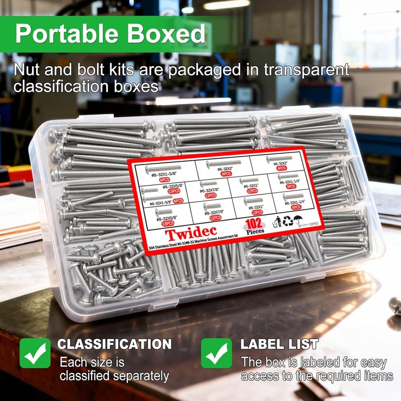 Twidec /Machine Screw Kit,304 Stainless Steel #6-32#8-32 Electrical Long Outlet Screws Phillips Pan Head Electricians Screws 102PCS 5/8 to 2 inch for Wall Plate Switch, Receptacles Mounting Screw - Image 5